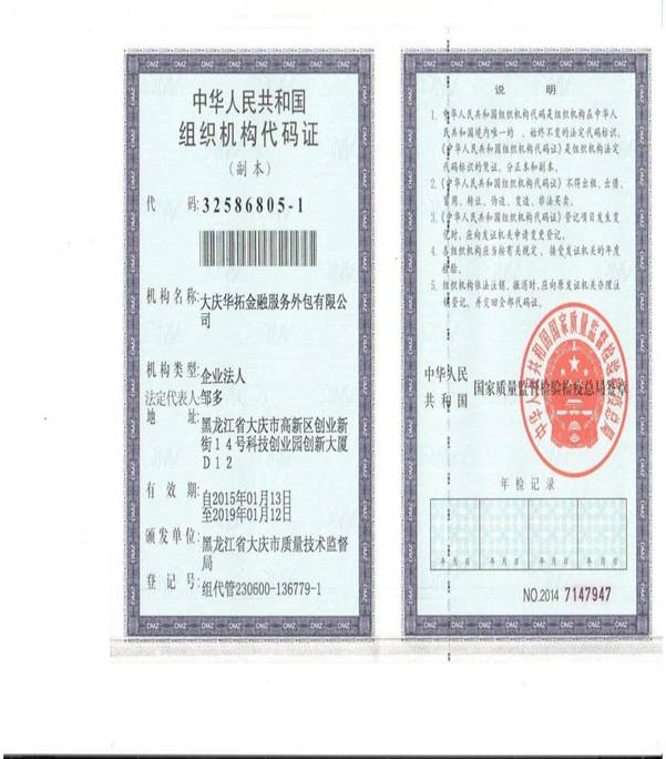 华拓金融组织机构代码证